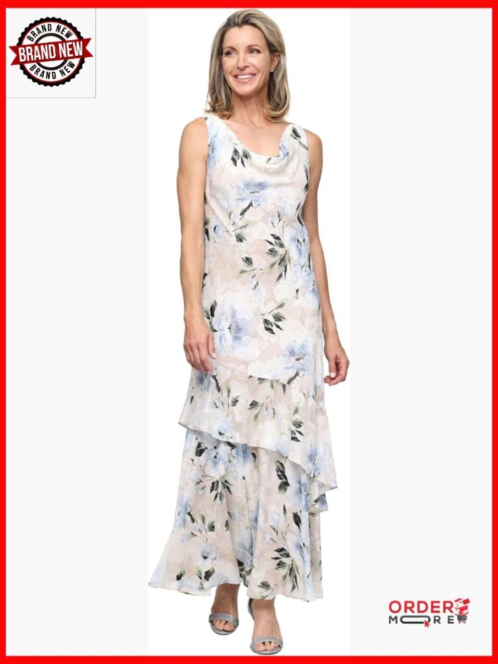 Formal Floral Print Gown with Shawl, Cowl Neck, Sleeveless, Wedding Guest Dress